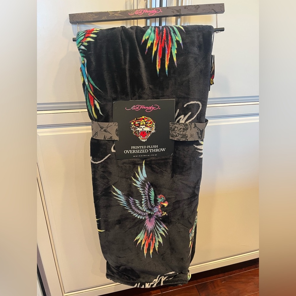 Ed Hardy Black Plush Throw Blanket with Colorful Bird Design